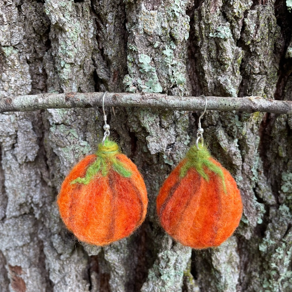 Hand crafted needle felted artisan pumpkin earrings unique one of a kind autumn